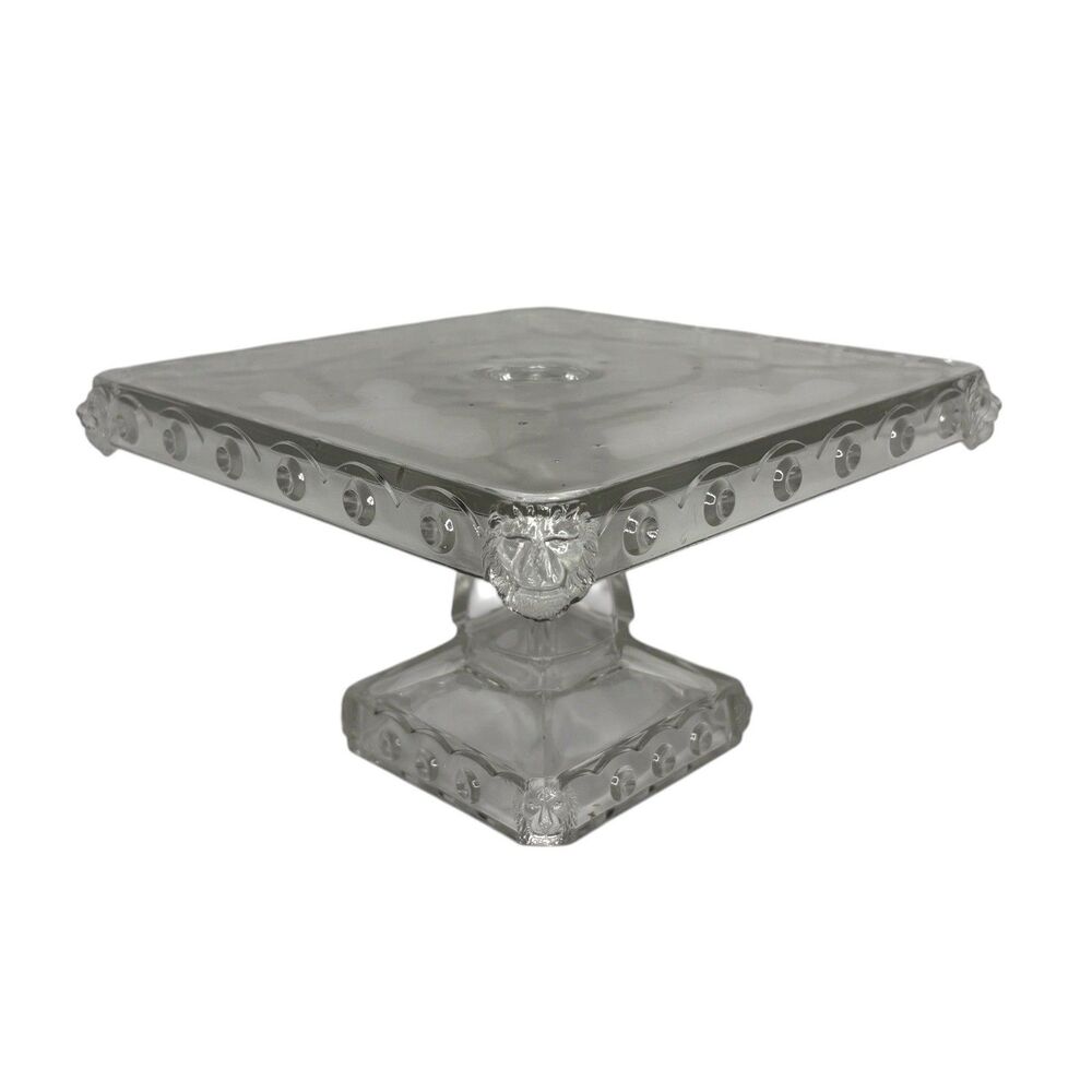 Rare Fostoria "Atlanta" Pattern Square Lion Glass Footed Pedestal Cake Stand